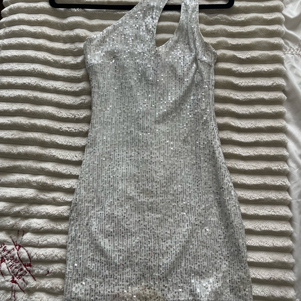 White and Silver Sequin One Shoulder Mini Dress